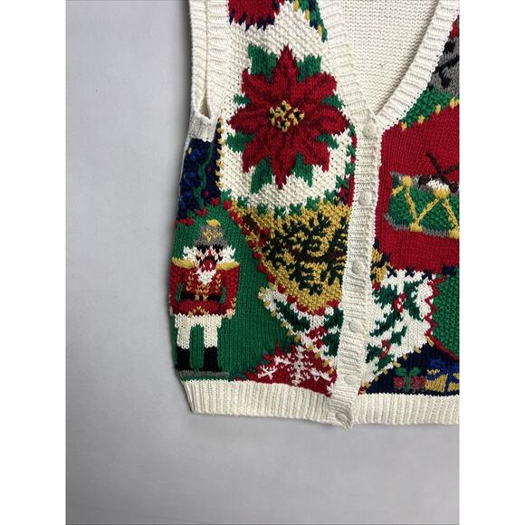 Vtg Ashley XL Hand Knit Christmas Sweater Cardigan V-Neck Button - Picture 2 of 10